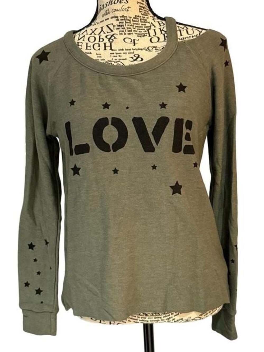 Chaser LOVE Star Cutout Long Sleeve Top Safari Green Small NWT